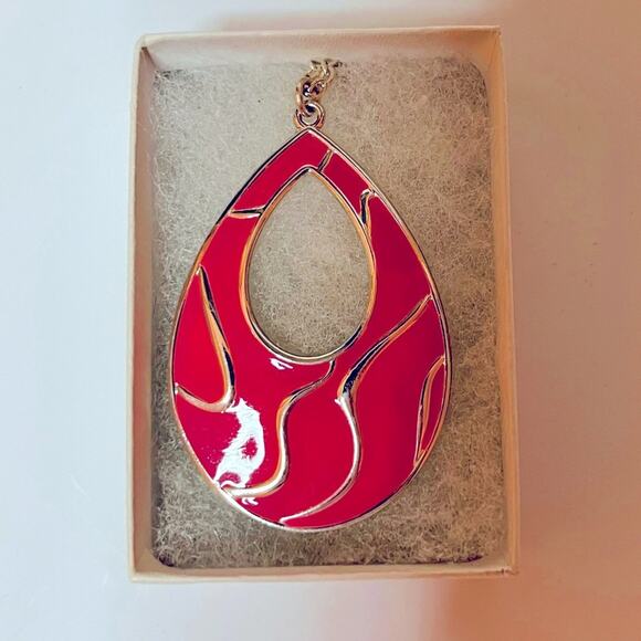 Adjustable Pink Enamel Teardrop Necklace w Silver Waves for Plus Size Women Gift - Picture 3 of 5